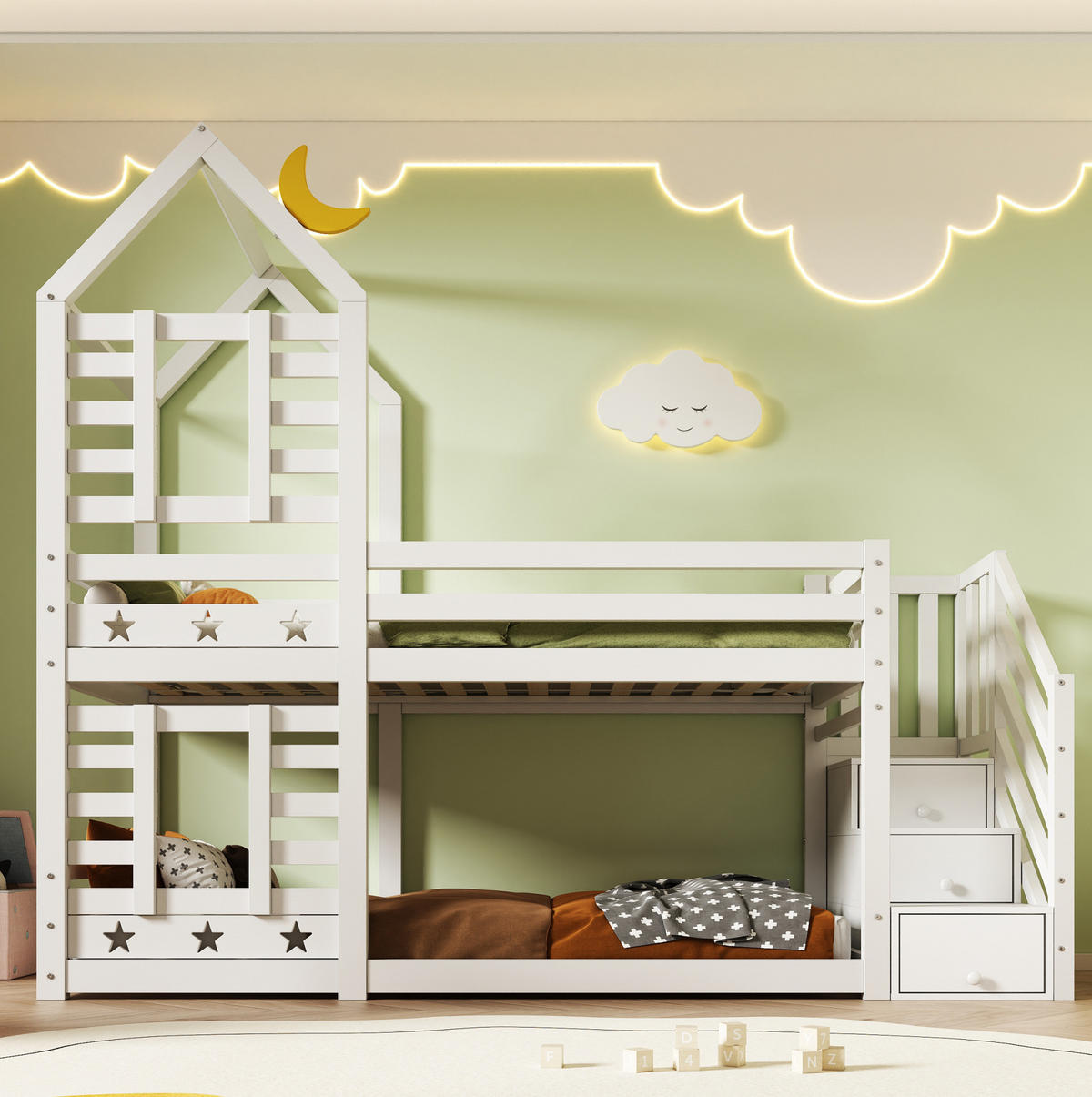ETAGENBETT 90/200 cm mit Treppe, Schubladen, Rausfallschutz und Stauraum aus Holz, Weiß - Weiß, Holzwerkstoff - Redom