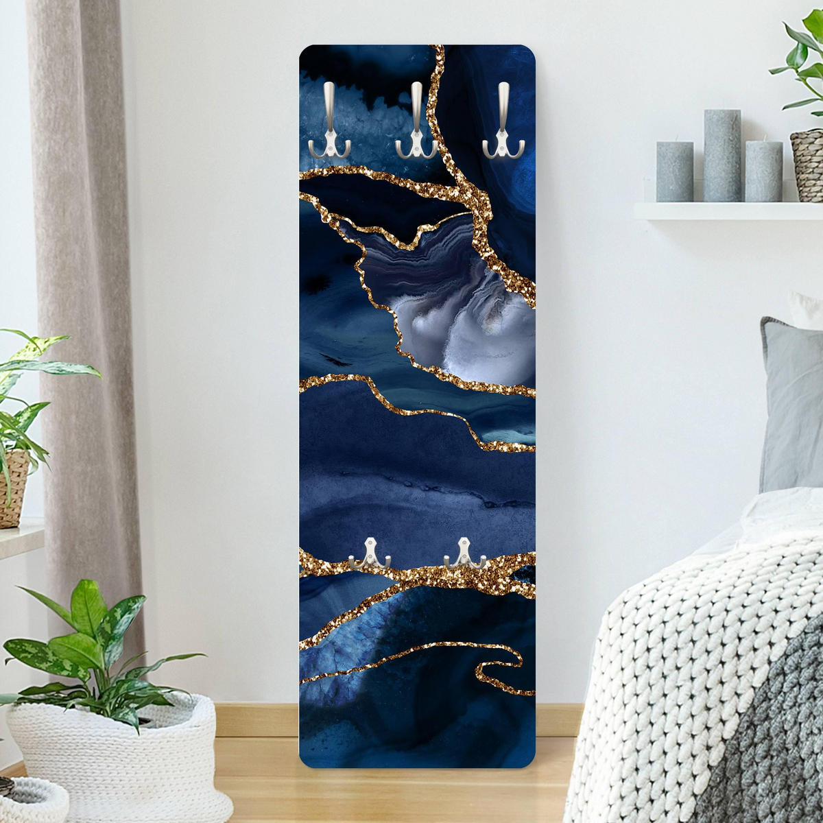 WANDGARDEROBE - Goldene Glitzer Wellen vor Blau 34/105 cm - Blau, Holzwerkstoff (34/105/1.6cm) - Bilderwelten