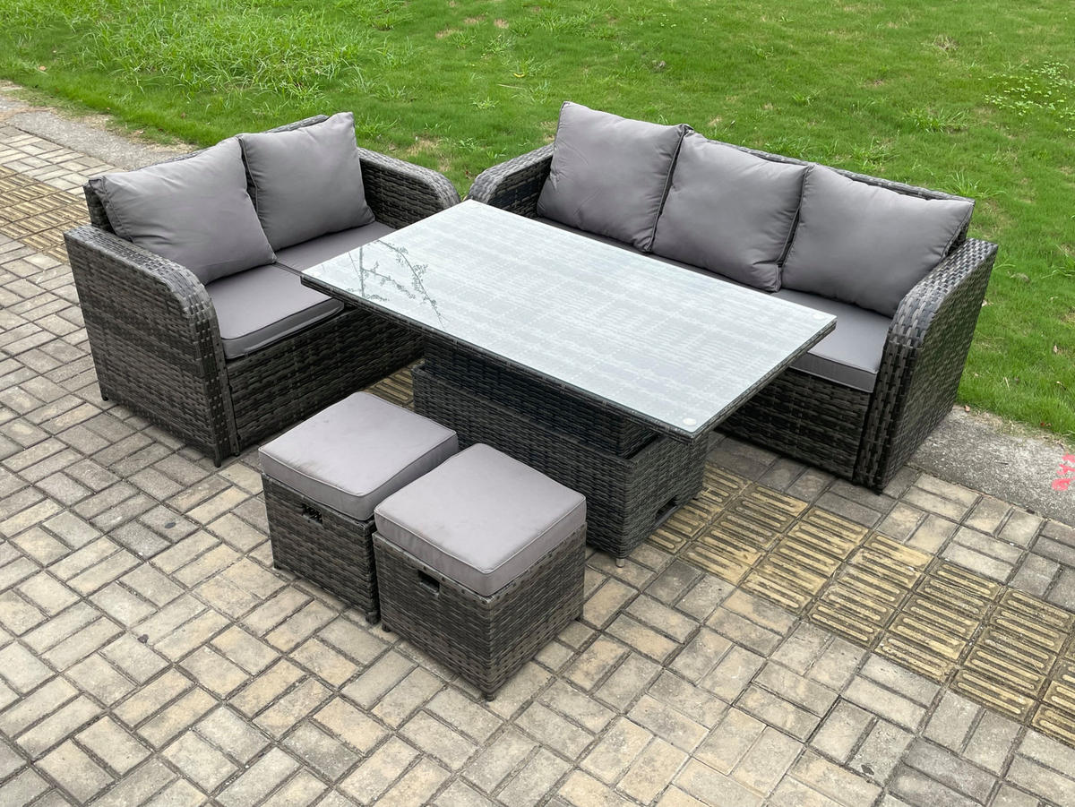 GARTENSET Polyrattan 7-Sitzer - Dunkelgrau/Grau, Glas/Kunststoff - Fimous