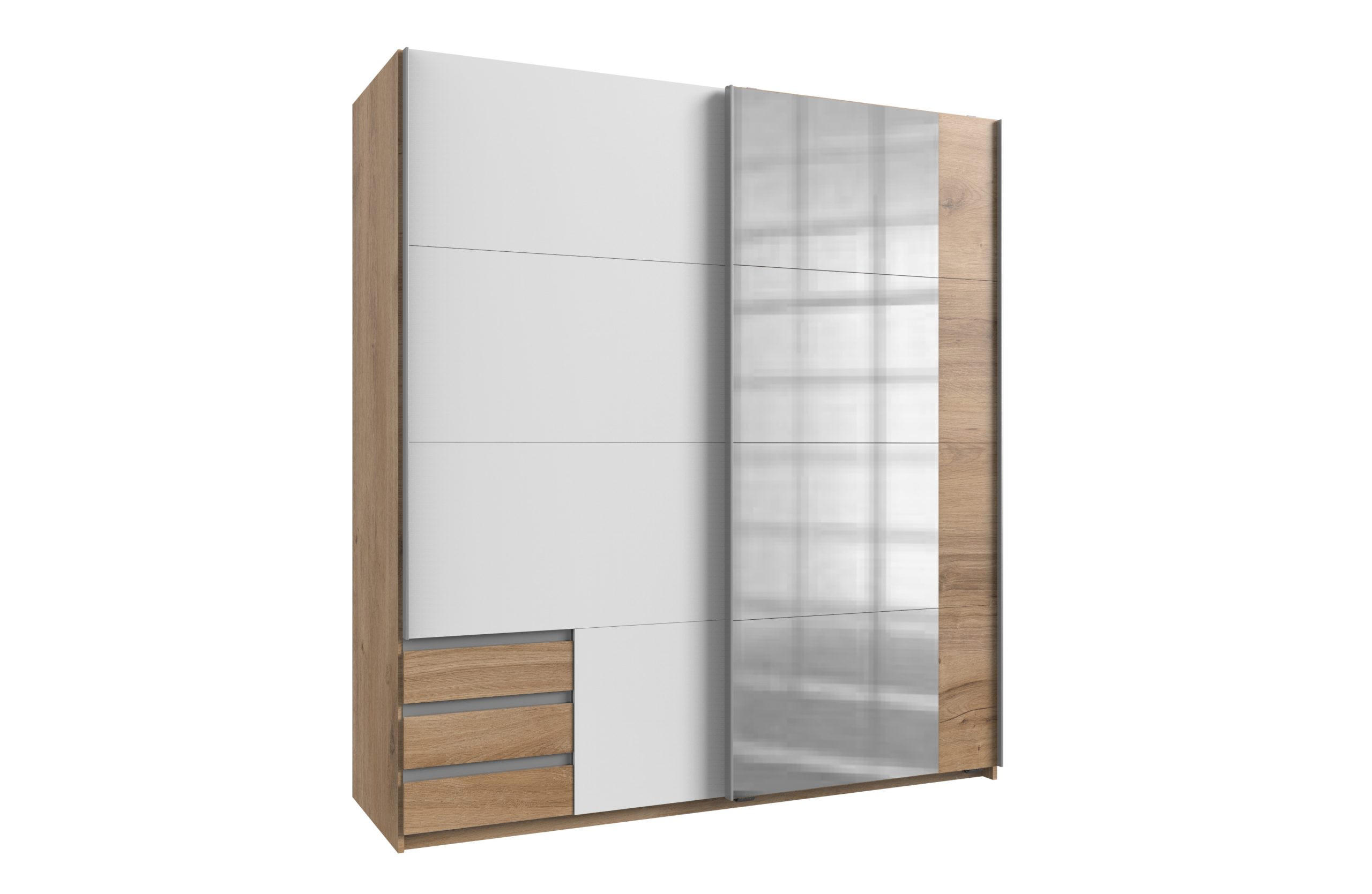 KLEIDERSCHRANK Emden in Plankeneiche Weiß - Schwebetürenschrank Breite 179 cm mit Spiegel - Braun, Holzwerkstoff (179/198/65cm)