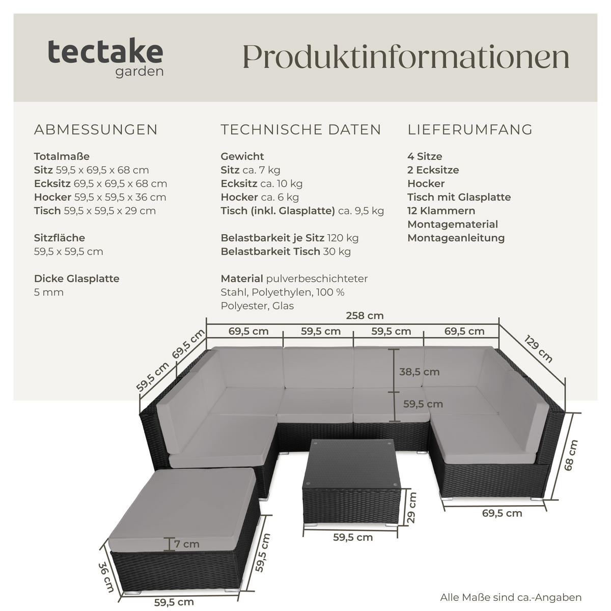 RATTANLOUNGE Venedig,mit Sicherheitsglasplatte,schwarz/grau - Schwarz/Grau, Kunststoff - tectake