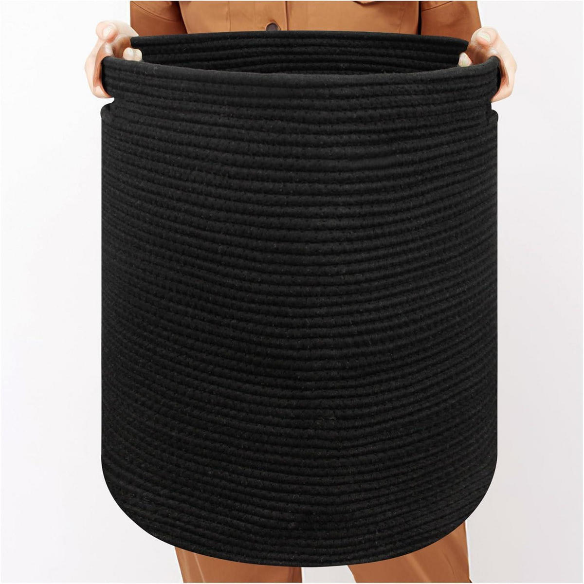WÄSCHEKORB geflochten mit Ledergriff 37x37x50 cm - Schwarz, Textil (38/50/38cm)