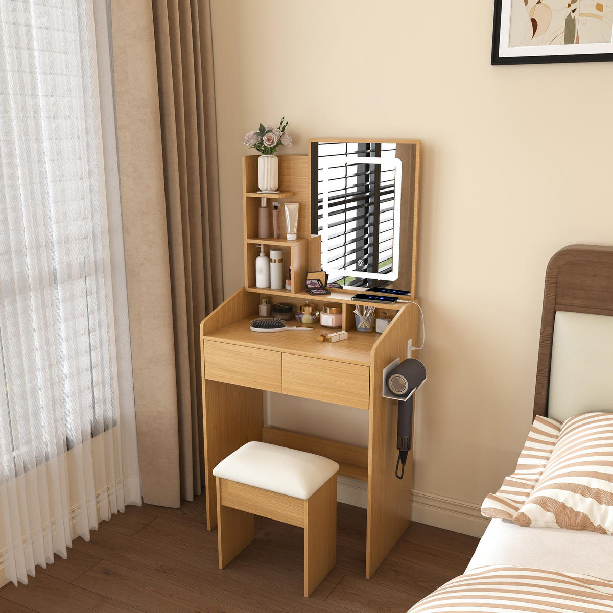 SCHMINKTISCH in Naturfarben Frisiertisch mit Hocker und LED, B60/H130/T36 cm für kleine Schlafzimmer und Wohnungen - Naturfarben, Holzwerkstoff (60/130/36cm) - STILVORA