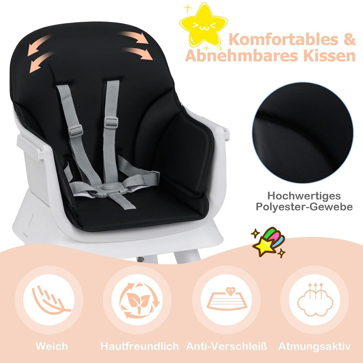 KINDERHOCHSTUHL mit Sicherheitsgurt & abnehmbarem Trichter schwarz - Schwarz, Kunststoff (58/98/58cm) - COSTWAY