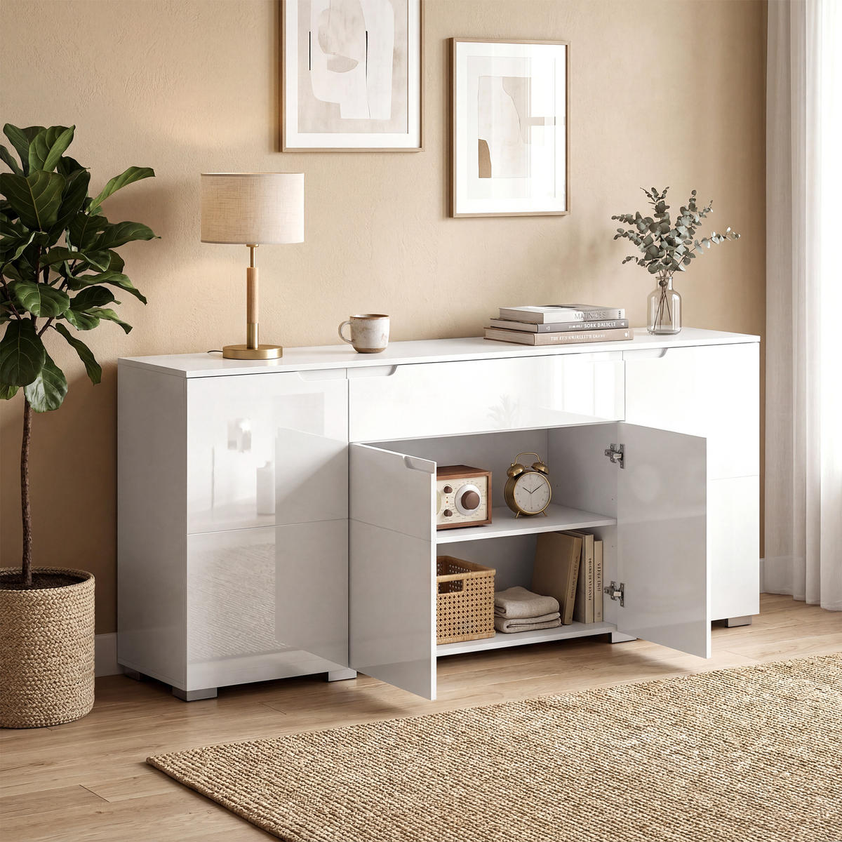 SIDEBOARD Weiß Hochglanz, 4 Türen, 180/40/80 cm - Weiß Hochglanz, Holz (180/80/40cm) - PANGIVO