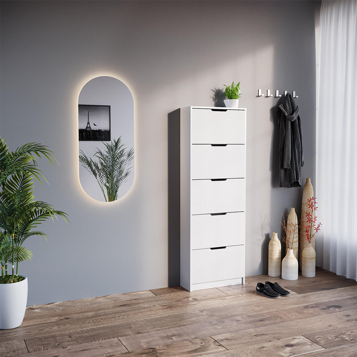 SCHUHKIPPER Luca Weiß 2 Teile, mit LED Spiegel - Weiß, Holzwerkstoff (59/169/22cm) - Vicco