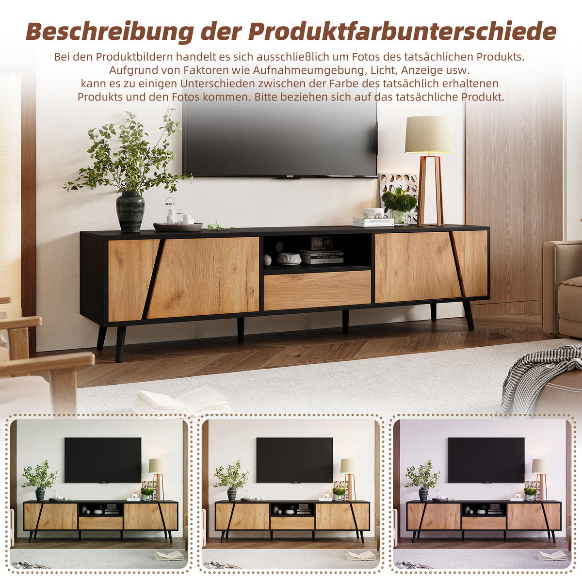 TV-LOWBOARD Grifflos Schwarz-Naturholzfarben 180/40/46 cm - Schwarz, Holz (180/46/40cm) - PANGIVO