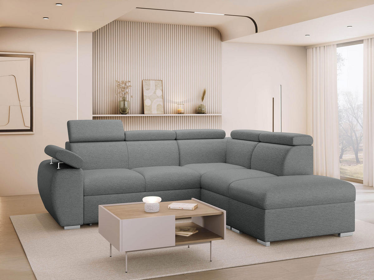 ECKSOFA Boston 2RR1P, Seite: Rechts 2R+R+1P(65)+PUFAP - Silberfarben/Graphitfarben, Holz/Textil (260/230cm) - MIRJAN24