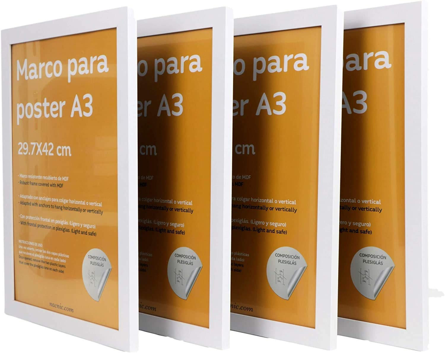 RAHMEN Set mit 4 aus MDF und Acrylglas Schutz und Aussteller für Fotografien, Bilder, Poster, Gemälde, Dekoration für Haus Farbe Weiß A3 - Weiß, Holz (29.7/3/42cm) - Nacnic