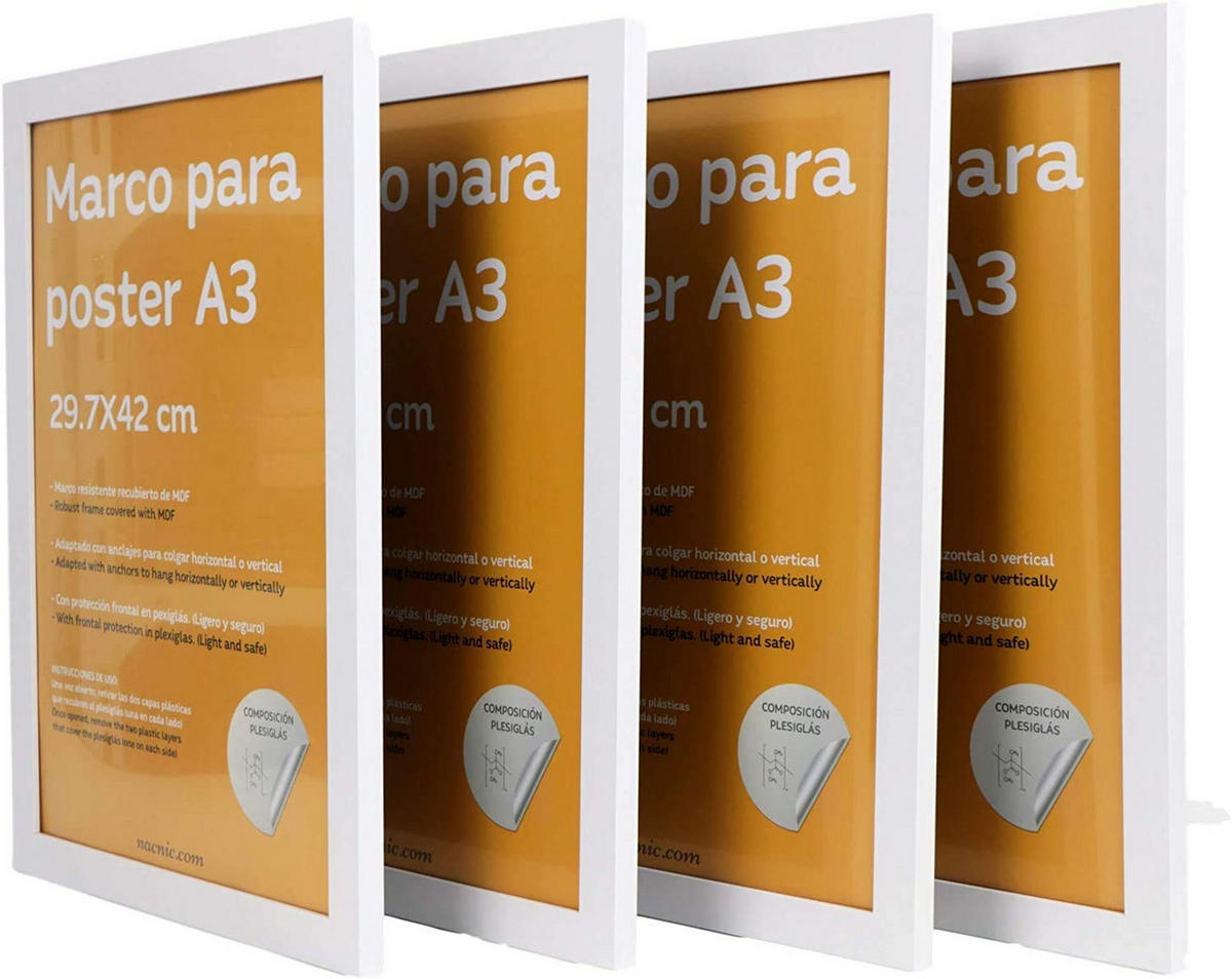 RAHMEN Set mit 4 aus MDF und Acrylglas Schutz und Aussteller für Fotografien, Bilder, Poster, Gemälde, Dekoration für Haus Farbe Weiß A3 - Weiß, Holz (29.7/3/42cm) - Nacnic