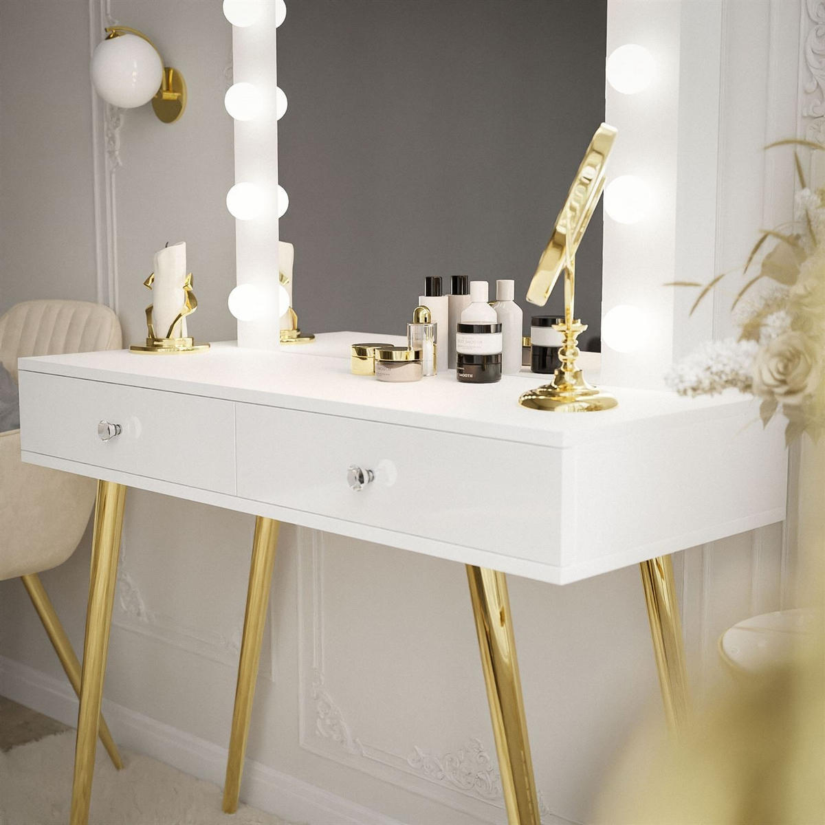 Schminktisch SIENNA GOLD mit Schubladen auf goldenen Beinen - Weiß Hochglanz/Goldfarben, Holzwerkstoff (100/81/42cm)