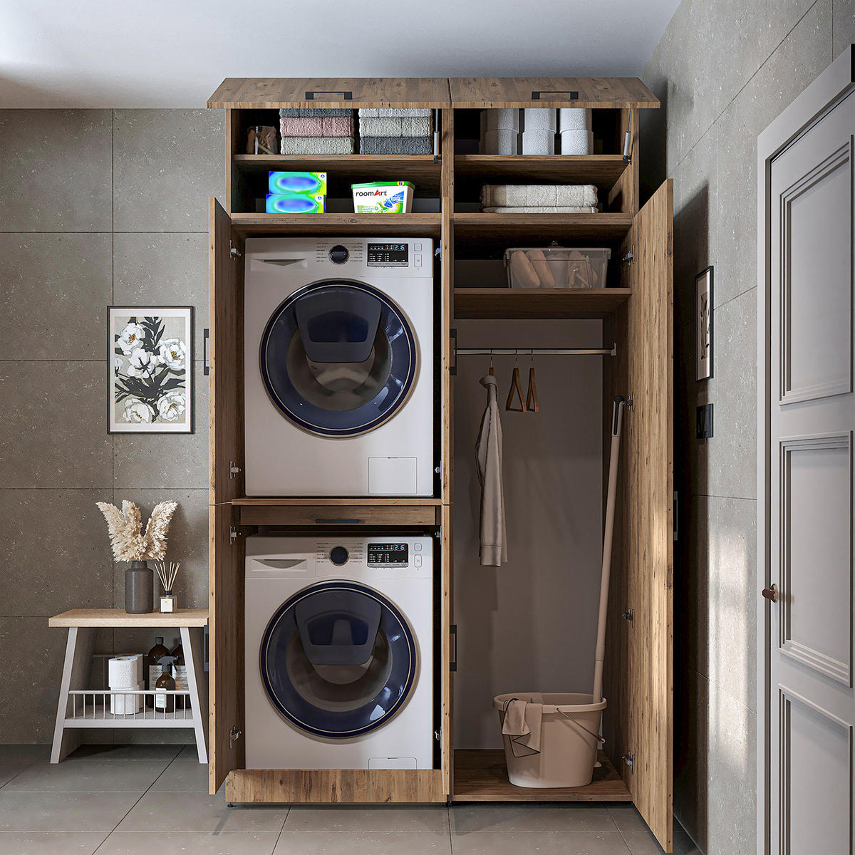 WASCHMASCHINENSCHRANK DORA-I 130cm Breit, 230cm Hoch - Eichefarben, Holzwerkstoff (130/230/73.8cm)