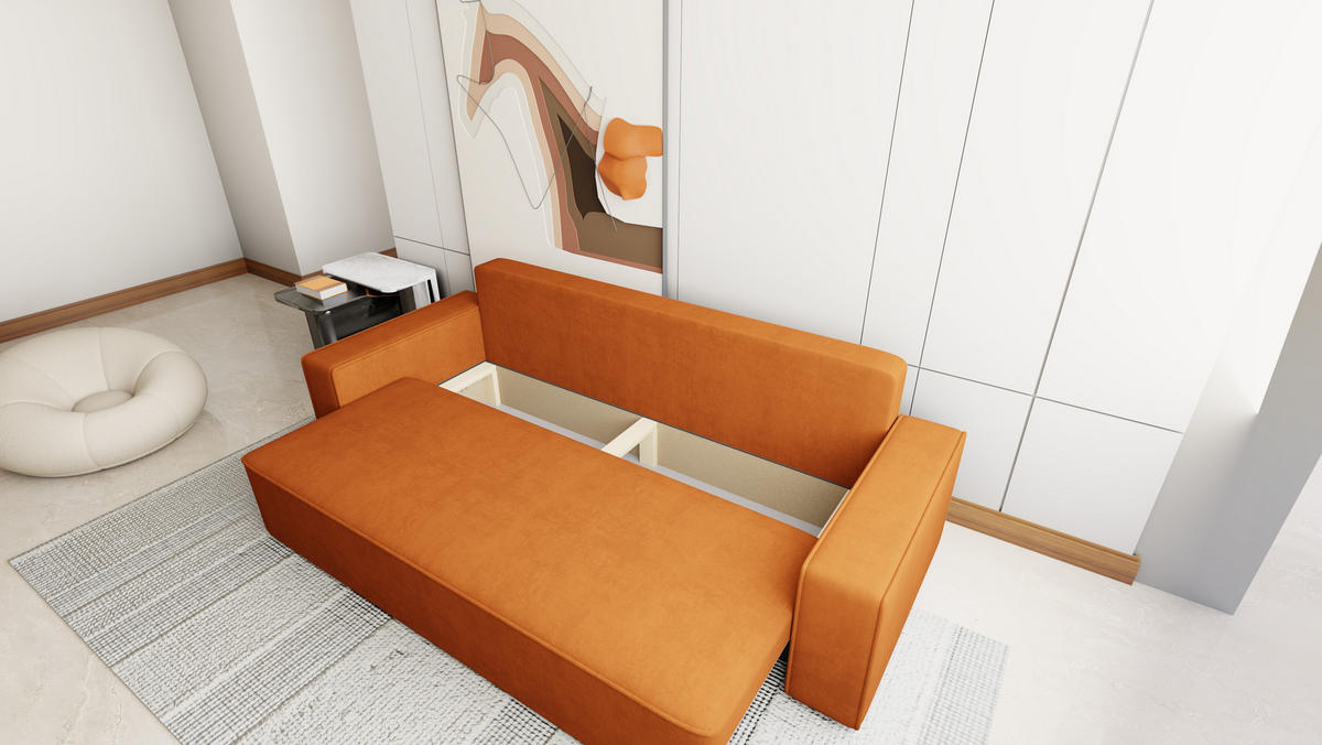 SOFA Veno mit Bettkasten und Schlaffunktion, Couch, Schlafsofa, Velourstoff - Rostfarben, Holzwerkstoff (242/85/95cm)