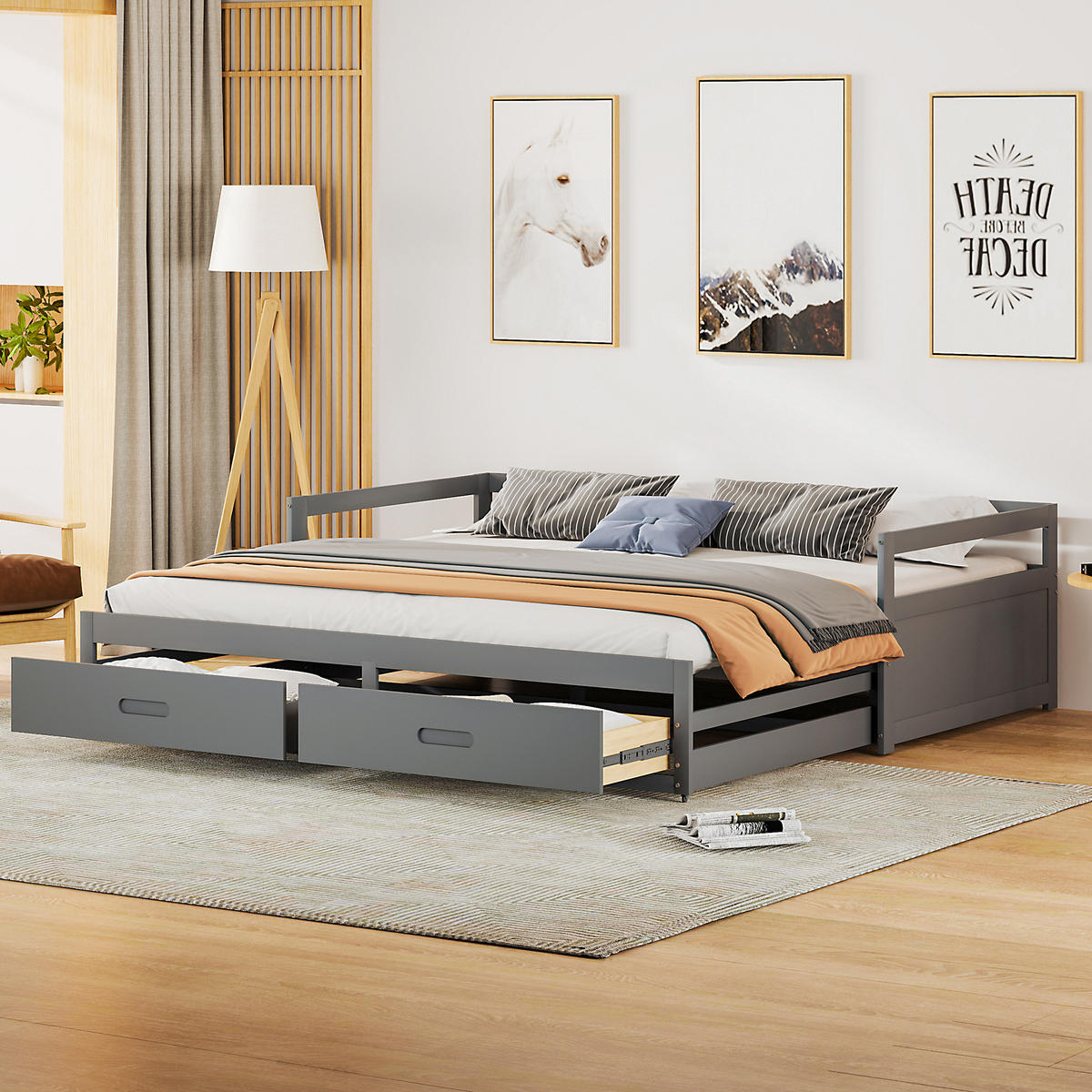 BETT ausziehbar 90/200 cm mit Schubladen Kiefernholz grau - Grau, Holz (90/200cm) - OKWISH