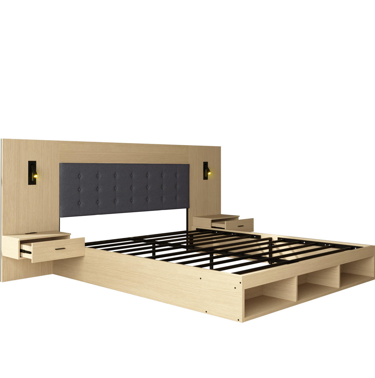 MANŽELSKÁ posteľ 160/200 cm svetlý dub z MDF s úložným priestorom USB Type-C a lampami s 2 nočnými stolíkmi - farba duba, kompozitné drevo (180/200cm) - OKWISH