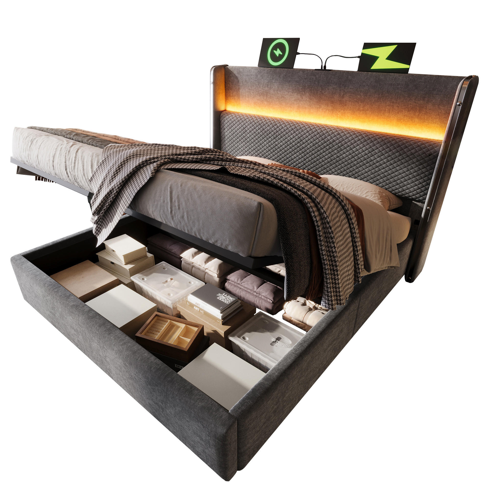 OKWISH MANŽELSKÁ postel 160/200 cm šedá z lnu s LED osvětlením, úložným prostorem a USB/Type-C