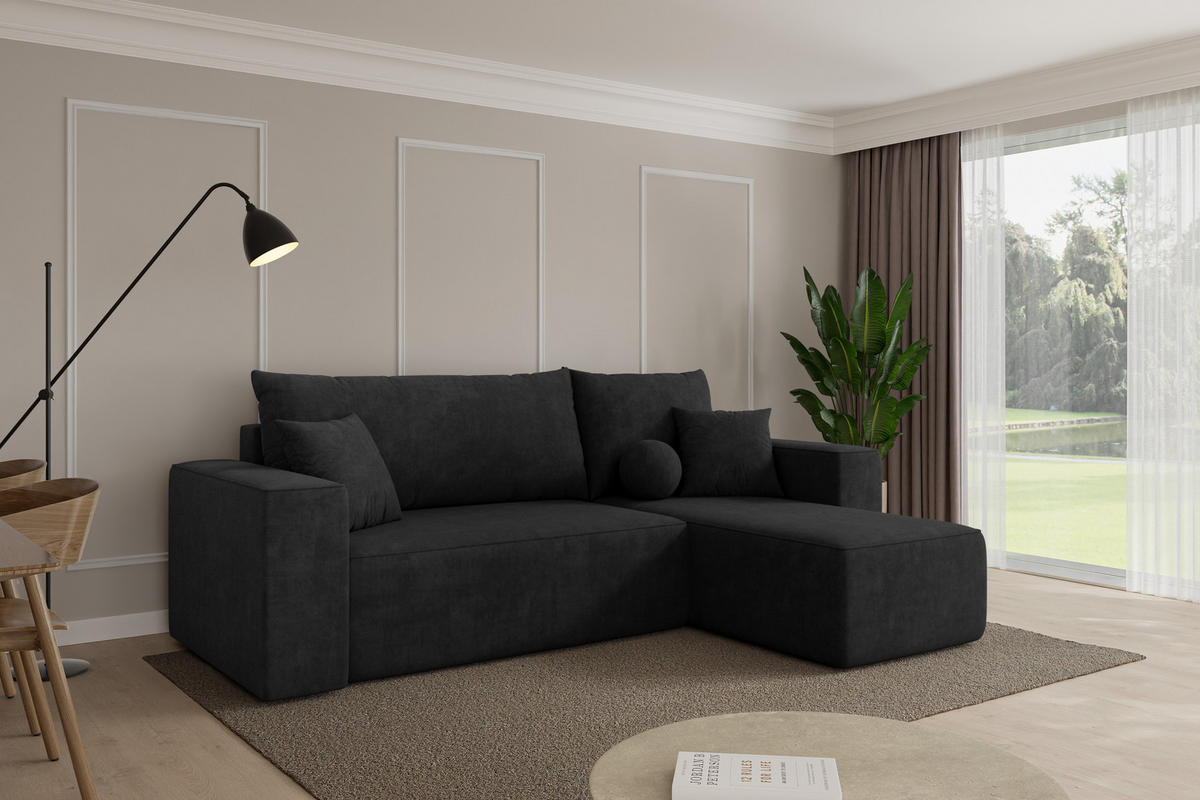 ROHOVÁ SEDAČKA s funkcí spaní, otoman vpravo SENO-L 249x139x85 černá velur - černá, kompozitní dřevo/textil (249/139cm) - ALTDECOR