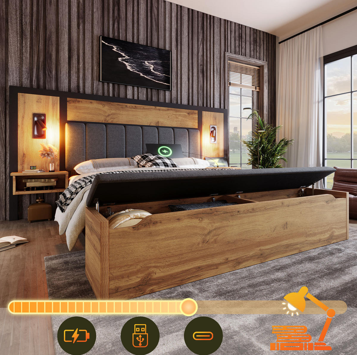 BETT mit Nachttischen, Sitzbank und Leselicht 160x200 cm Metall/Holz Eiche - Braun, Holz (160/200cm) - Meubliv