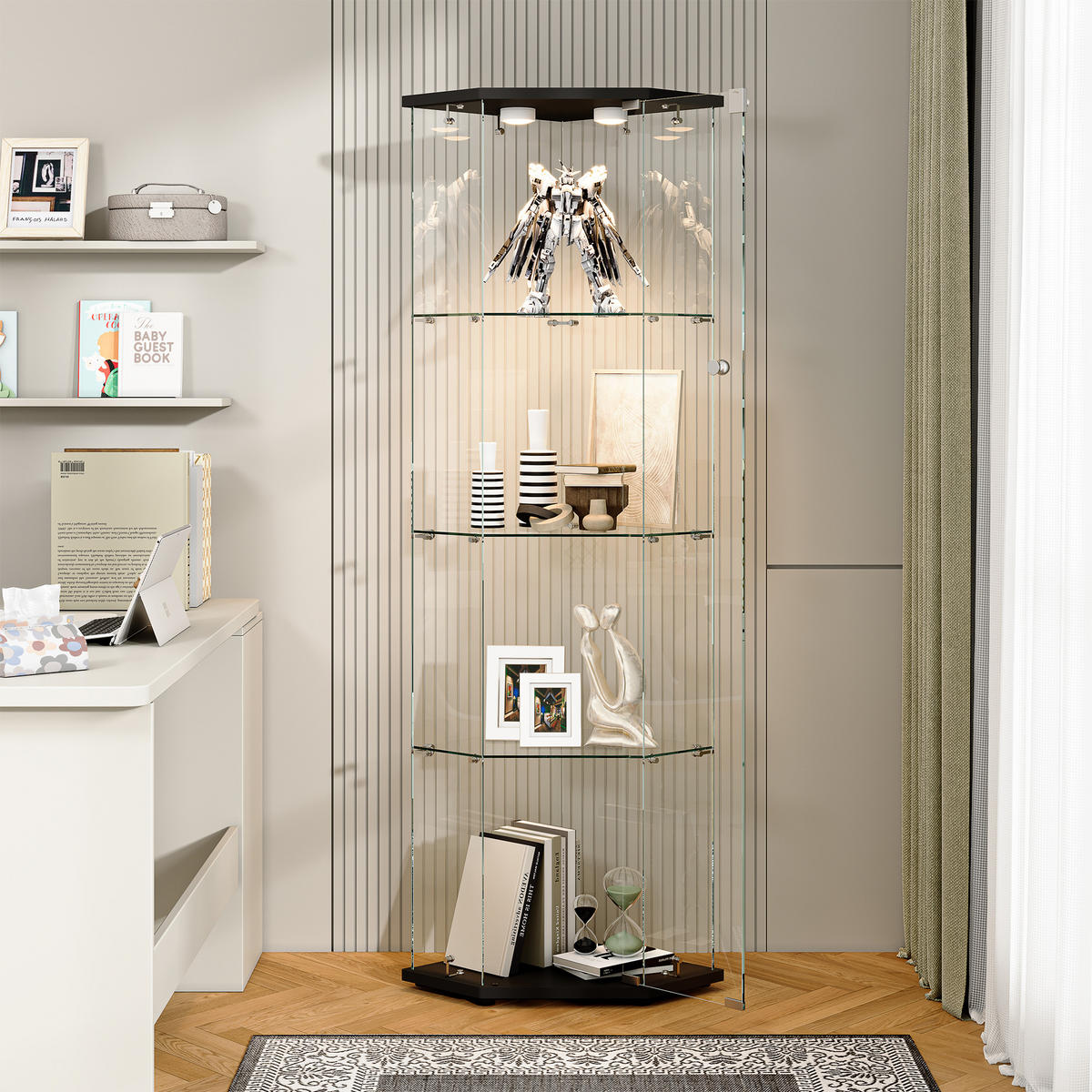 ECKSCHRANK 5-Eck, 1 Tür, 4 Ebenen, LED, schwarzer Sockel - Schwarz, Glas (42.5/162/60cm) - SHOPENTRA