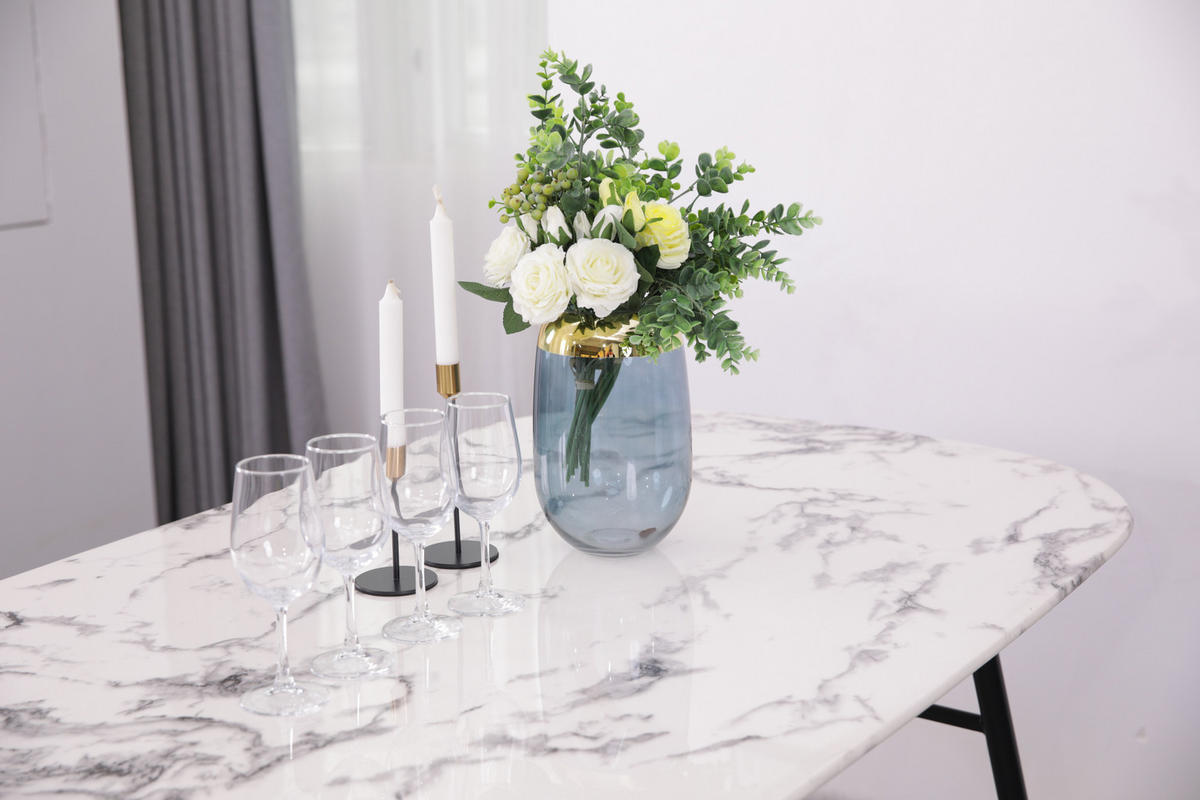 ESSZIMMERTISCH LARS - 160x90 cm - Platte Glas in Marmoroptik, Gestell pulverbeschichtetes Metall - Weiß, Metall (90/160/77cm) - TPFLiving