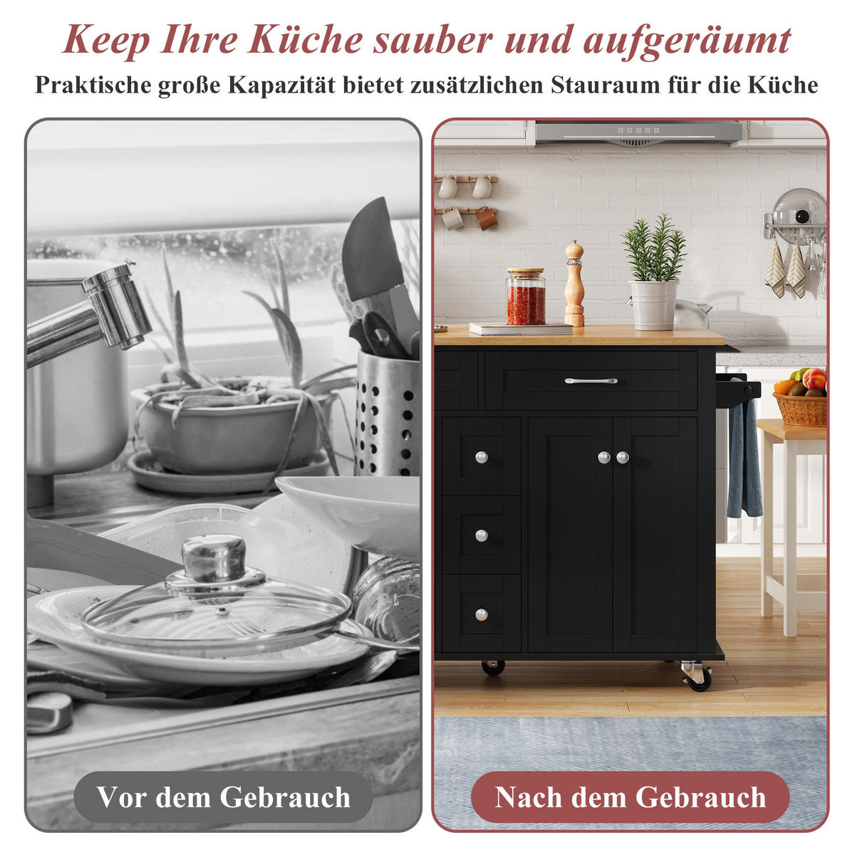 KÜCHENINSELWAGEN 140x65x89cm Schwarz mit ausklappbarer Platte, Schubladen & 5 Rollen - Schwarz, Holzwerkstoff (140/89/65cm) - Modfu