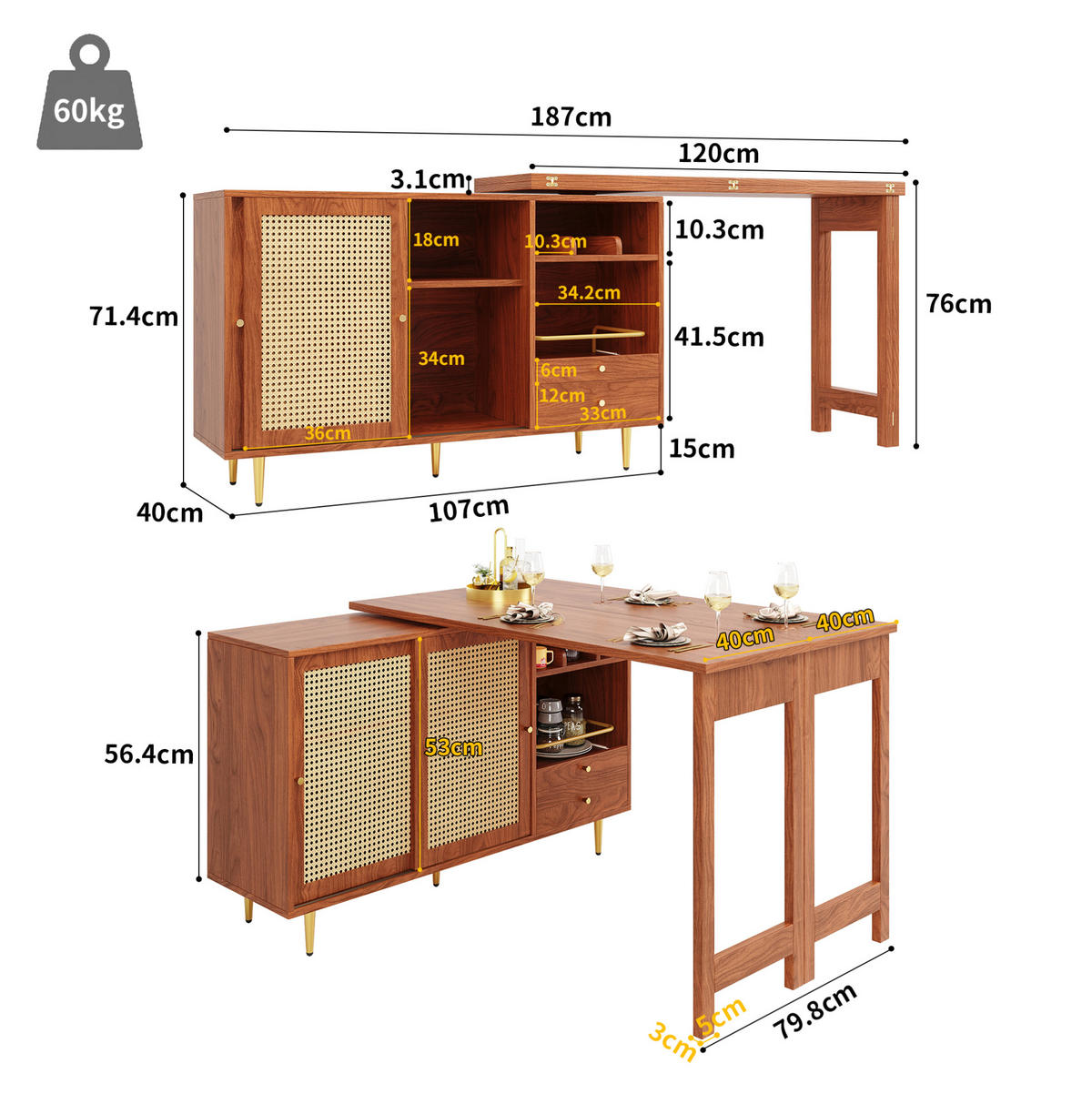 BARTISCH für Küche 107/40/71,4 cm, drehbar & klappbar mit Stauraum - Braun, Holzwerkstoff (187/40/76cm) - BEAOK