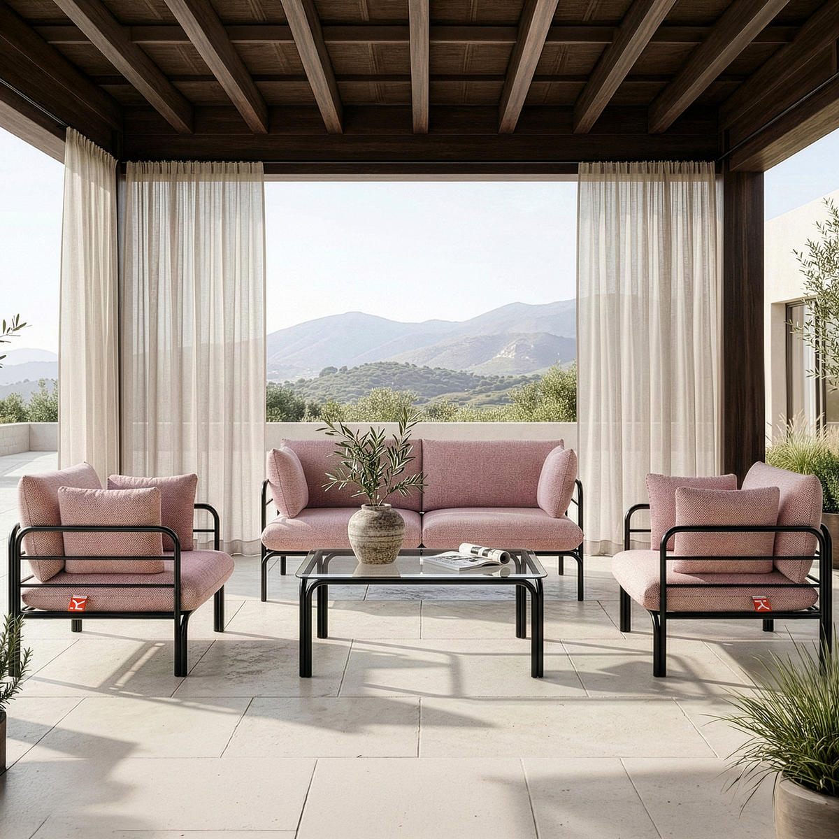 GARTENSOFA RAMBE 2-Personen mit Kissen, Anthrazit - Anthrazit/Rot, Textil/Metall (150/80/80cm) - KONSIMO®