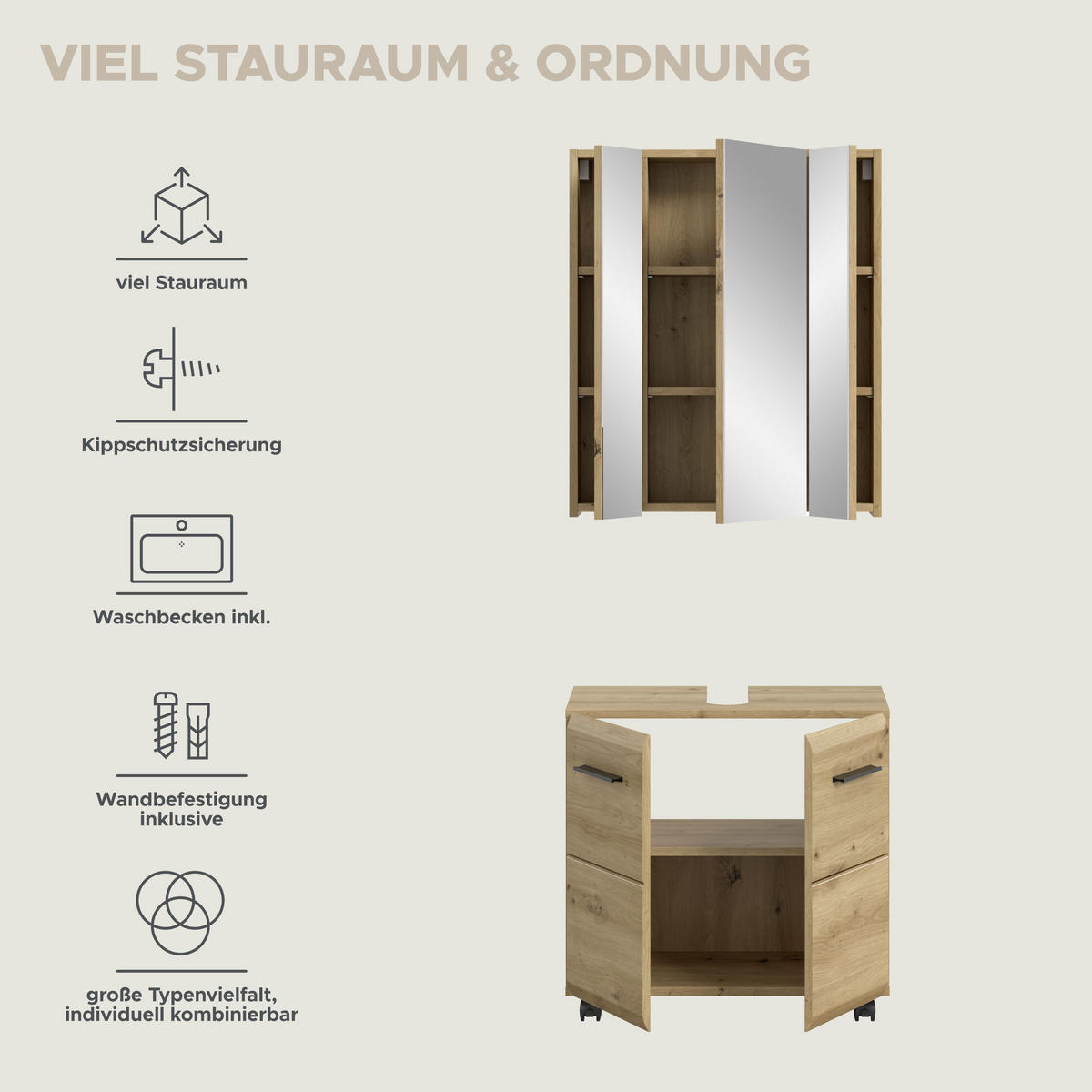 BADKOMBINATION AUF ROLLEN Ice Artisan Oak 60/30/185 cm - Braun, Holzwerkstoff (60/185/30cm) - Xonox