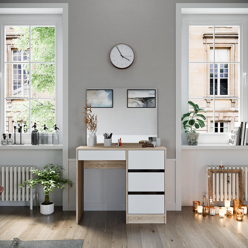 SCHMINKTISCH Sherry Sonoma 90 cm mit Spiegel - Weiß/Sonoma Eiche, Holzwerkstoff (90/75/40cm) - Vicco