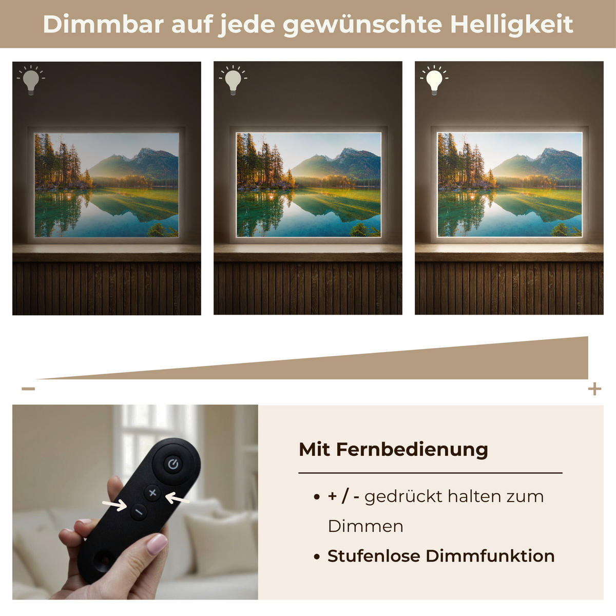 WANDLEUCHTE MIT AKKU See - Wald - Berge - Natur - Sonne - Landschaft 40x30 cm - Grün, Holzwerkstoff (40/30/8cm) - OnlyWow