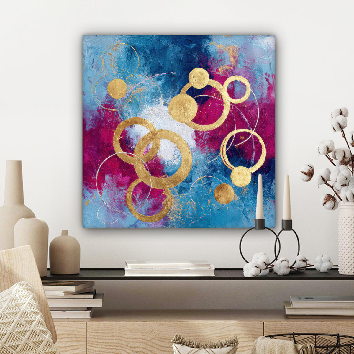 LEINWANDBILD Kreise - Gold - Abstrakt Wandbild Wohnzimmer 50x50 cm - Blau, Textil (50/50cm) - MuchoWow