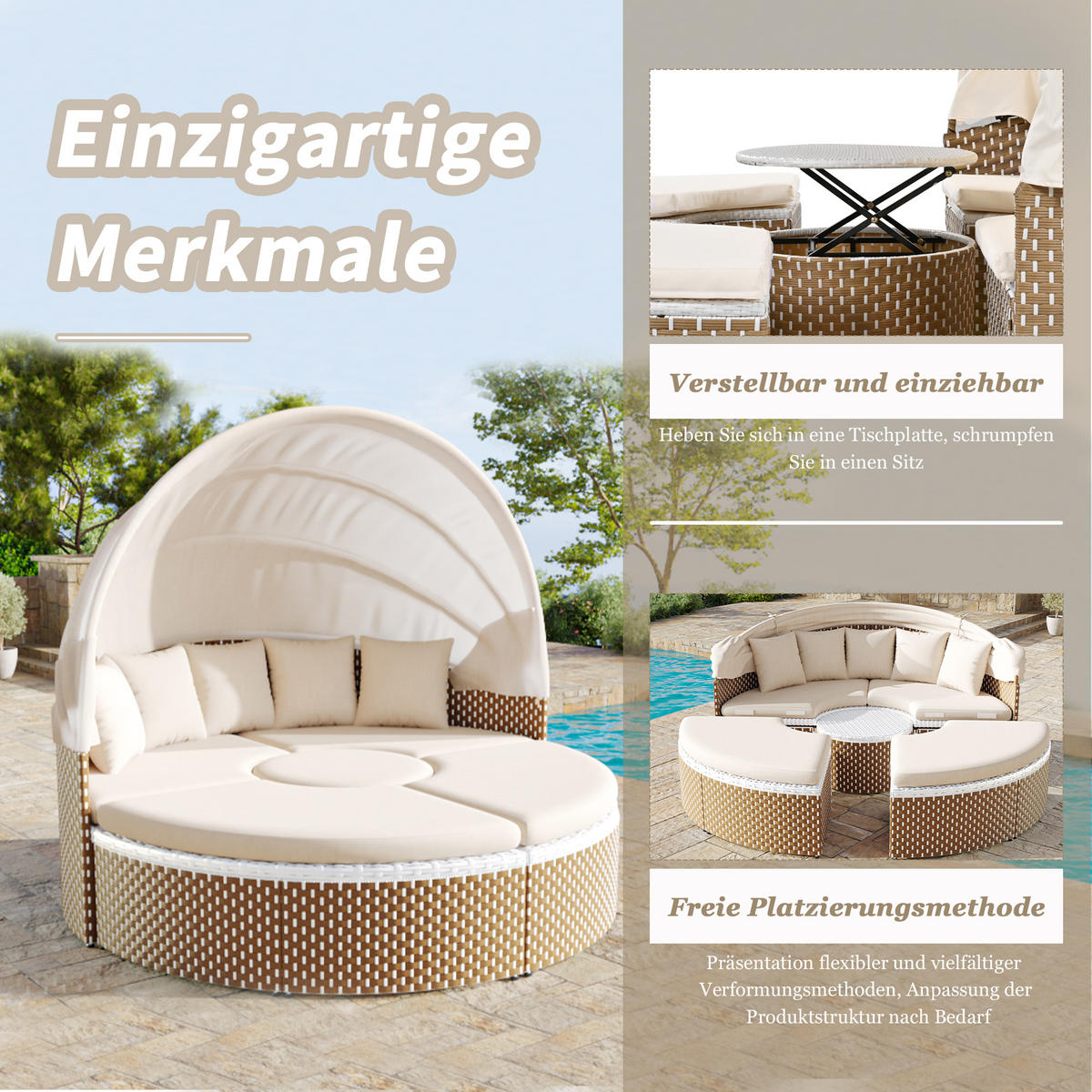 SONNENINSEL Beige Rattan Mit Ausziehbarem Baldachin & Tisch - Beige, Naturmaterialien (170/142/170cm) - FLIEKS