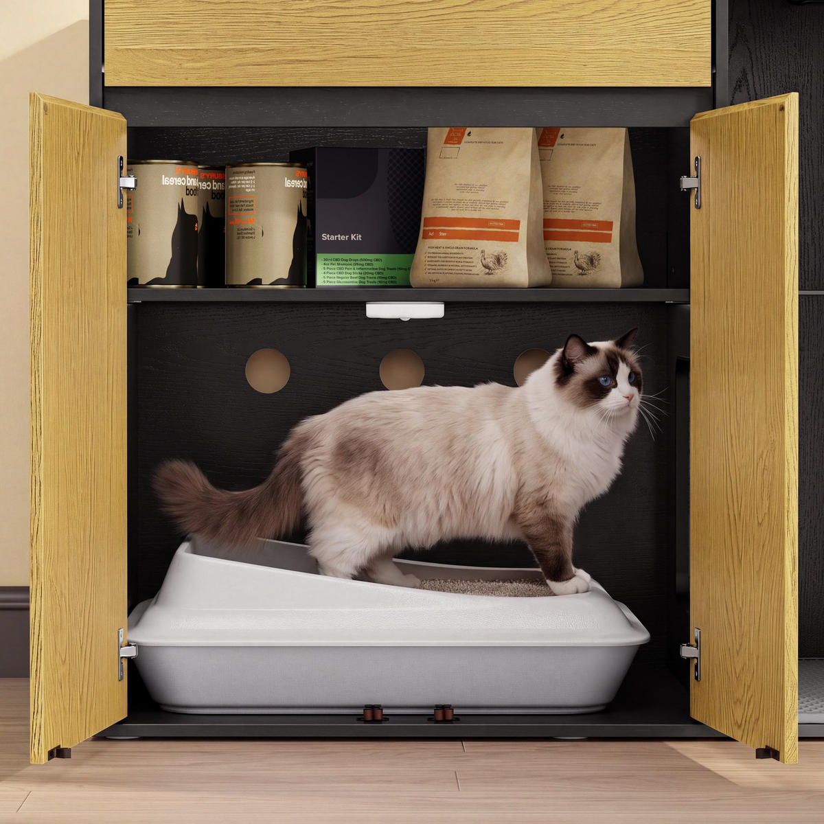 KATZENKLO-SCHRANK mit Aufbewahrung und integrierter Katzentoilette HAT08-E-SCH - Ahornfarben/Schwarz, Kunststoff/Fell (45/75/85cm) - SoBuy
