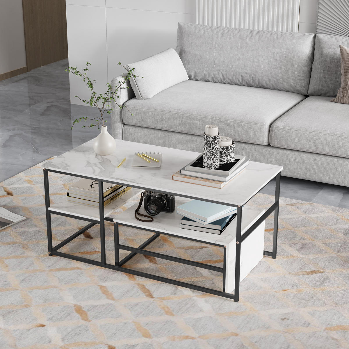 COUCHTISCH 2er-Set rechteckig, Beistelltisch 105 x 52 x 48 cm mit Metallrahmen, Gold - Schwarz, Metall (105/52/48cm) - PARAFTA HOME