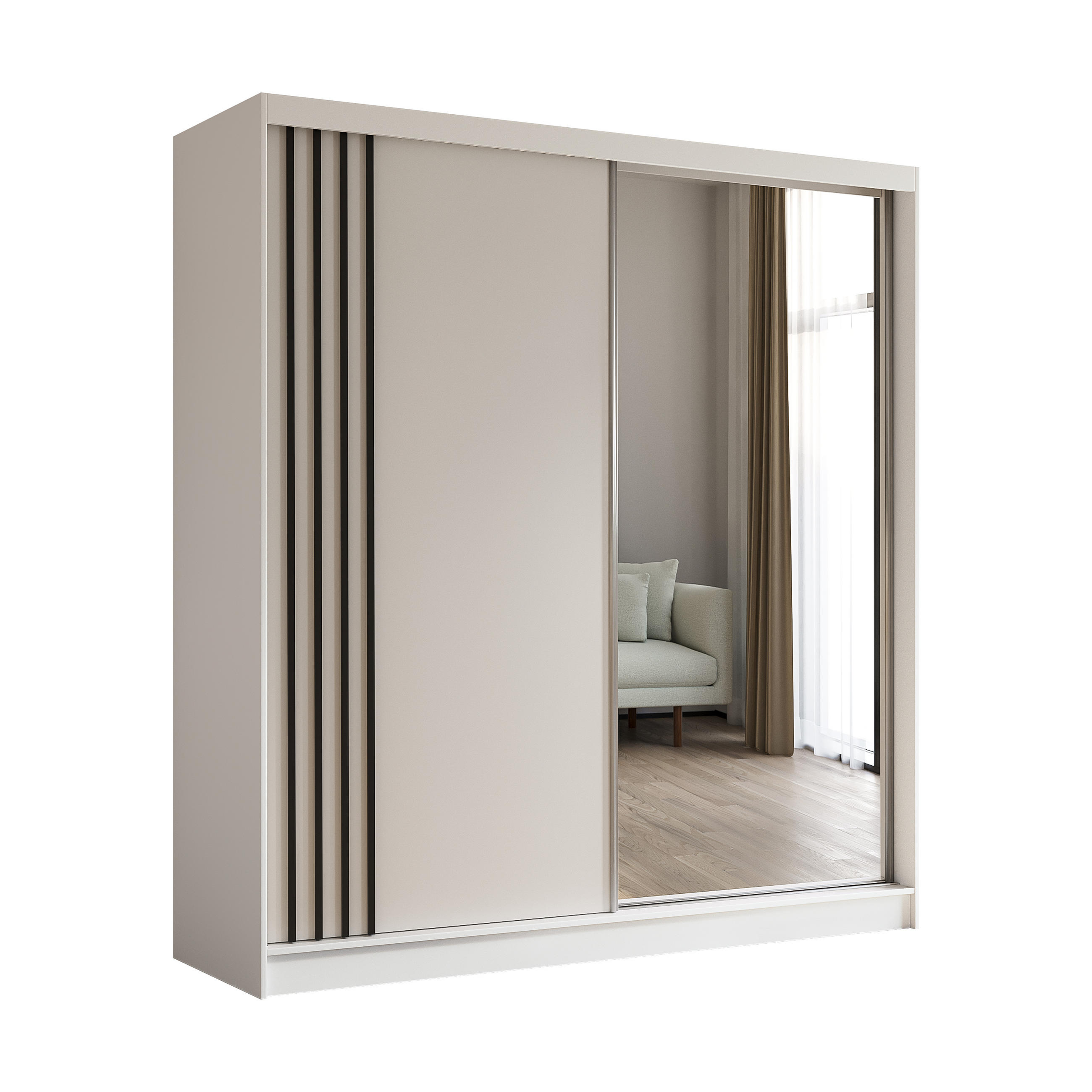 KLEIDERSCHRANK mit Spiegel-Schiebetüren und Aluminium-Leisten - NALLA - 200 cm Weiß+Weiß+Schwarz - Schwarz/Weiß, Holzwerkstoff (200/216/61cm) - ALTDECOR