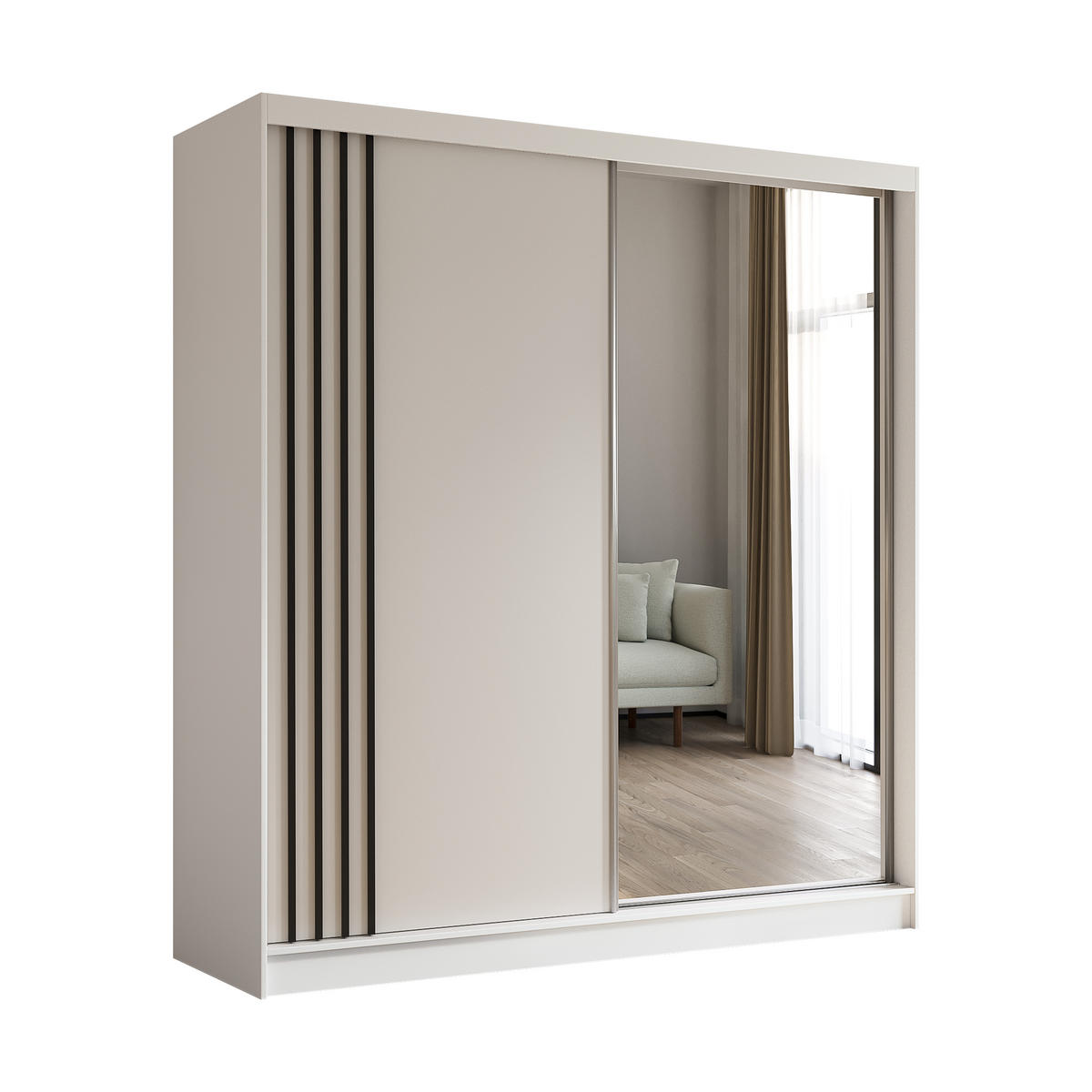 KLEIDERSCHRANK mit Spiegel-Schiebetüren und Aluminium-Leisten - NALLA - 200 cm Weiß+Weiß+Schwarz - Schwarz/Weiß, Holzwerkstoff (200/216/61cm) - ALTDECOR