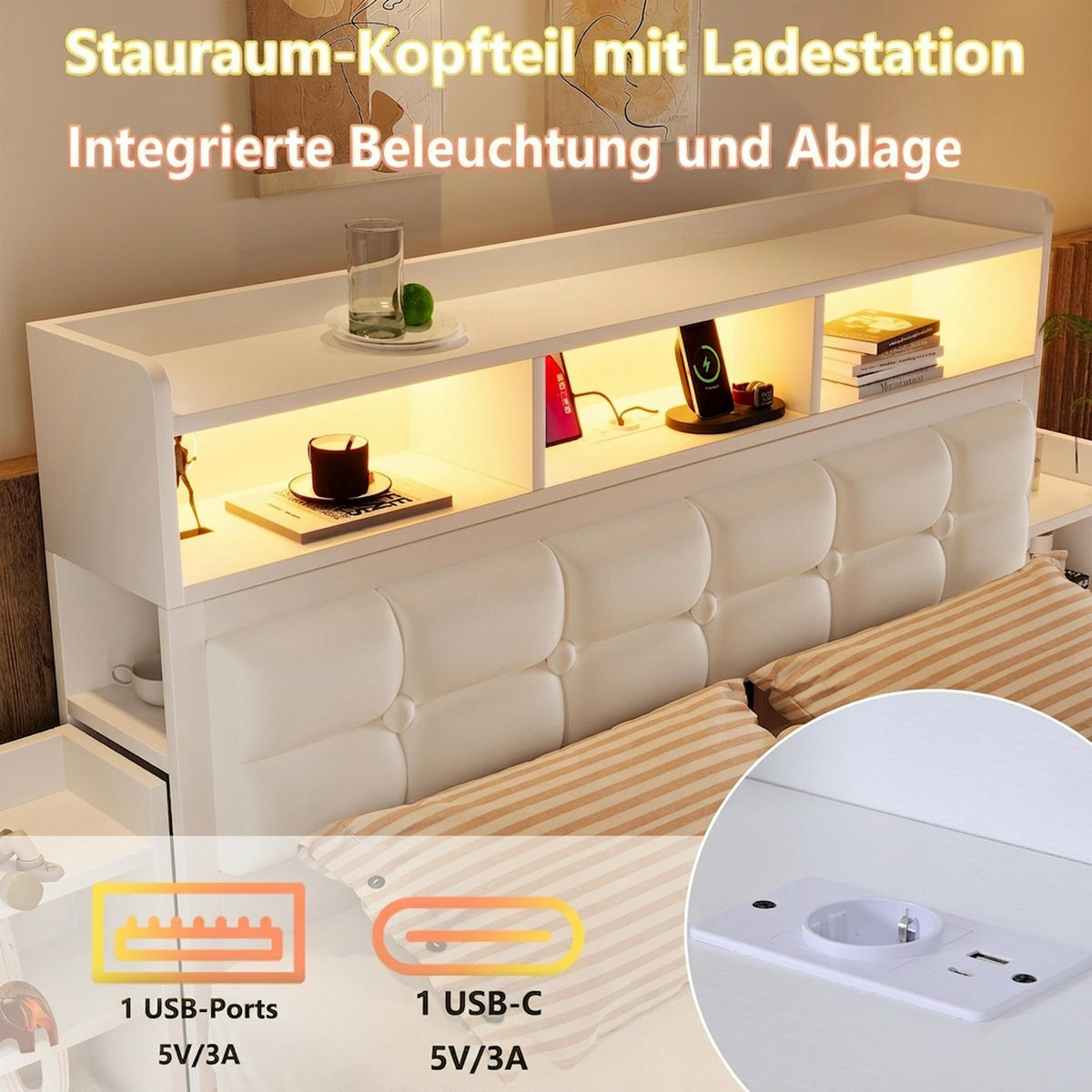 METALLBETT 140/190 cm Weiß mit 2 ausziehbaren Nachttischen, LED und Ablagefächern - Weiß, Metall (140/190cm) - Oxeza
