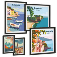 BILDER SET 5er Set - 50x50 cm & 20x30 cm & 40x60 cm Schwarzer Rahmen - Retro-Illustrationen berühmter Orte - Schwarz, Kunststoff (40/60cm) - TULUP