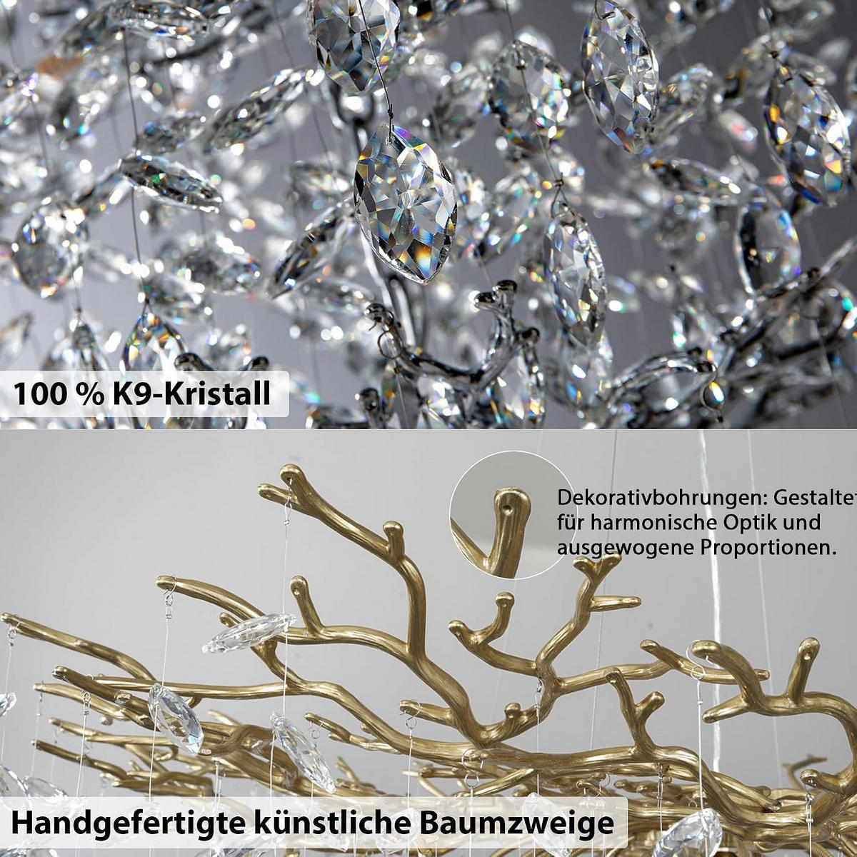 KRONLEUCHTER 120 cm K9‑Kristall Baumzweig Gold für Wohnzimmer und Schlafzimmer - Gelb, Naturmaterialien (78/43/38cm) - Surtime