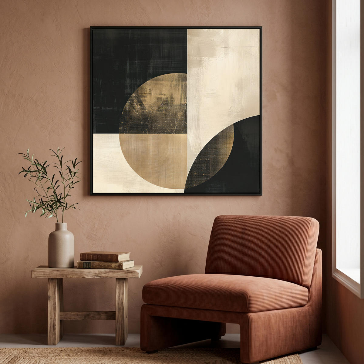LEINWAND Bilder mit Rahmen - Abstrakt - Geometrische Formen - Schwarz - Gold - 90x90 - Ecru, Textil (90/90cm) - MuchoWow