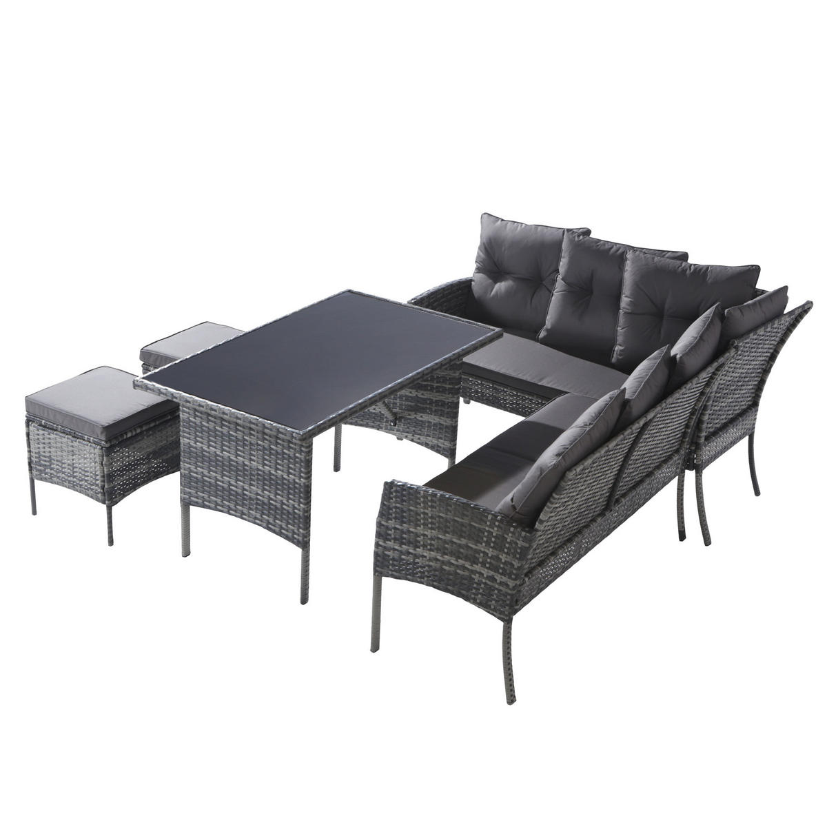 RATTAN Sitzgruppe Gartenlounge für 7 Personen mit Sofa Tisch Hocker Kissen Bezüge abnehmbar und waschbar Grau - Grau, Metall - FLIEKS