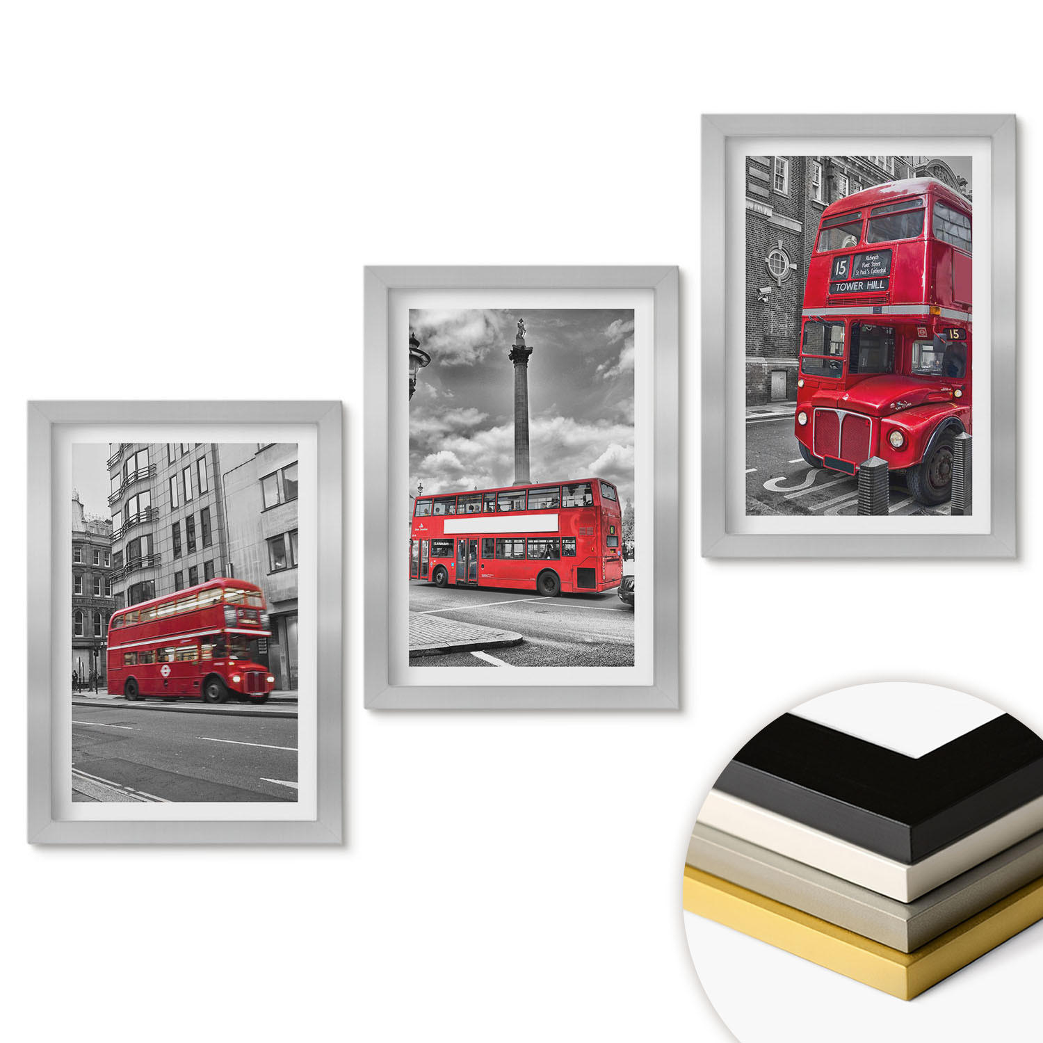 WANDBILDER 3er Set - 20x30 cm Silberner Rahmen - Rote Busse in London - Silberfarben, Kunststoff (20/30cm) - ArtPrintCave