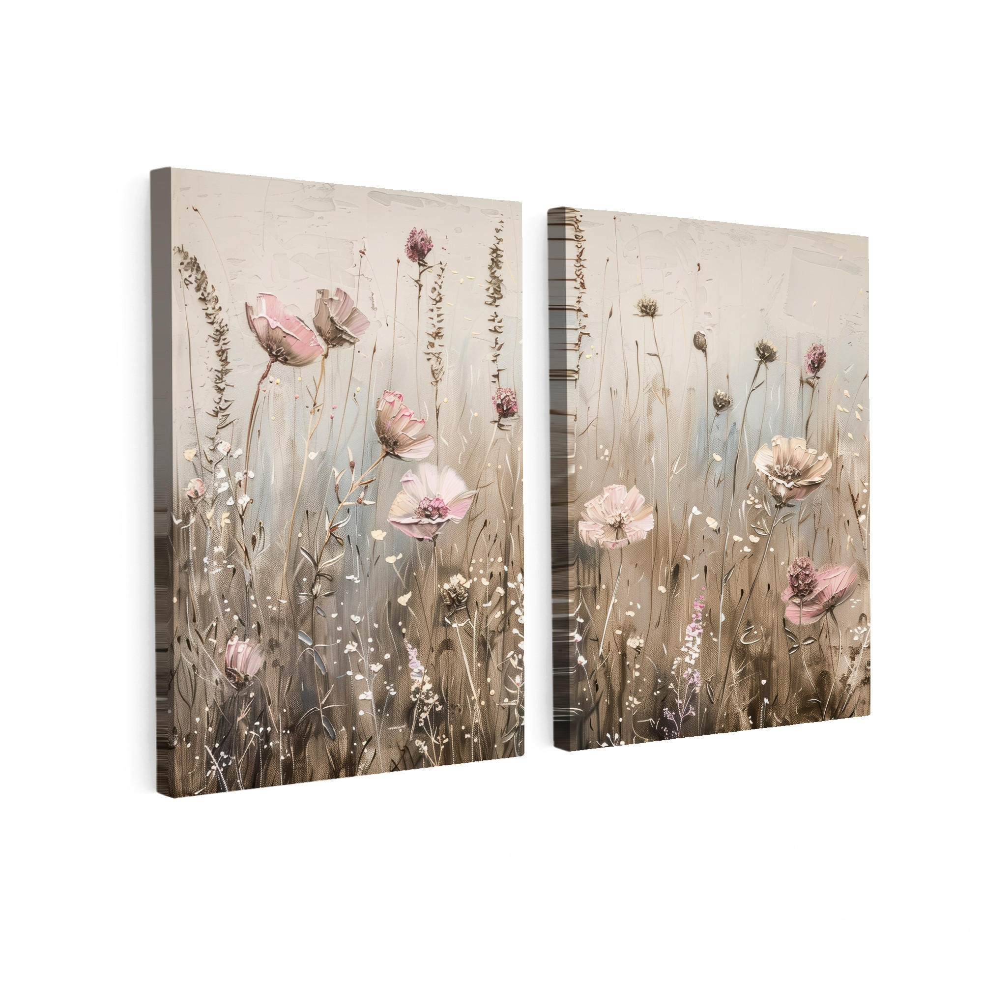 LEINWANDBILD 2er Set Blumen - Beige - Modern - Rosa 180x120 cm - Ecru, Textil (180/120cm) - MuchoWow