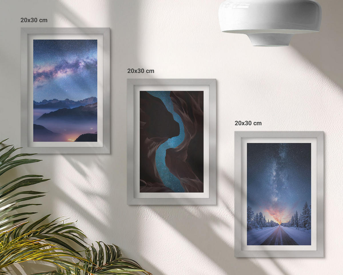 BILDER SET 3er Set - 20x30 cm Silberner Rahmen - Nachthimmel, Berge, Winterlandschaft - Silberfarben, Kunststoff (20/30cm) - TULUP