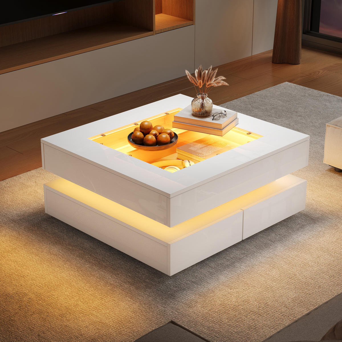 COUCHTISCH LED Glasplatte 3 Schubladen Hochglanz Weiß 70x70cm - Weiß, Holzwerkstoff (70/70/35cm) - FLIEKS