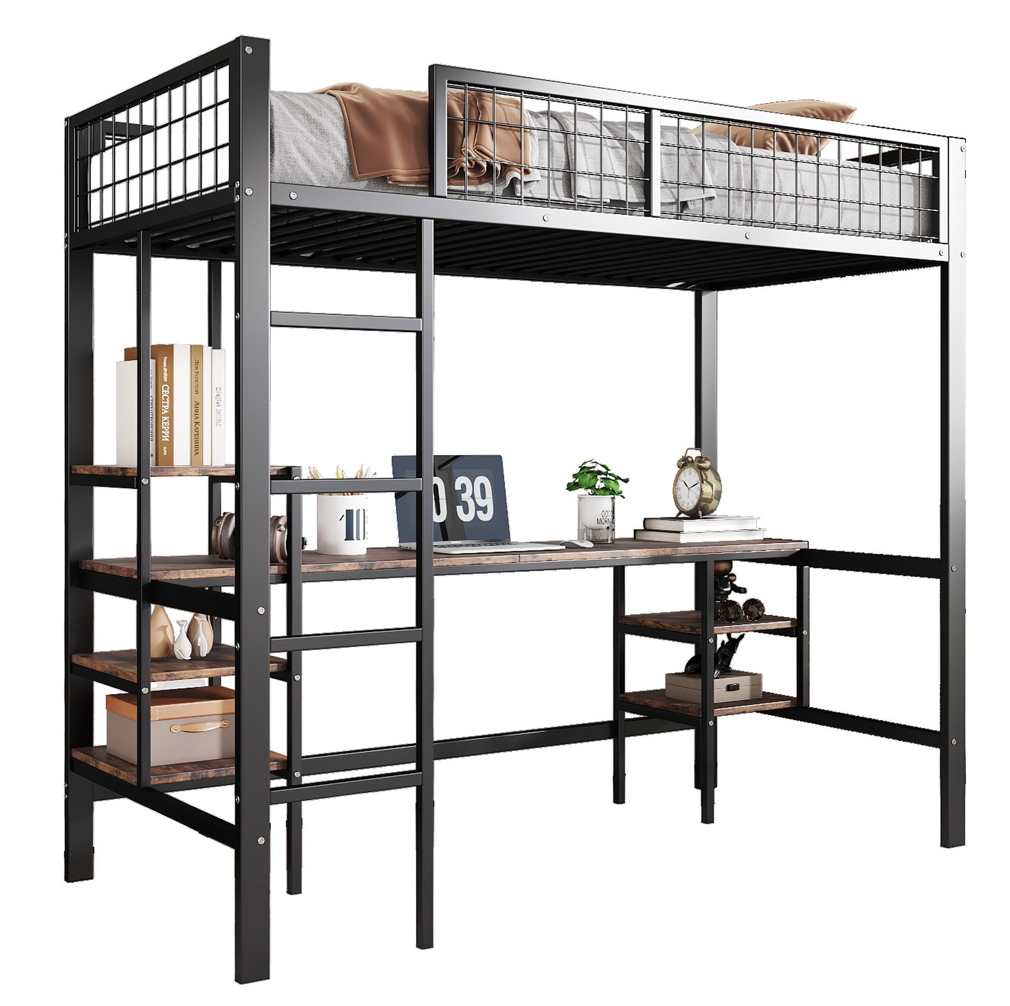 ETAGENBETT 90/200 cm mit Schreibtisch, Regalen, 4-stufiger Leiter und Metallgestell, Schwarz, dunkle Holzfarbe - Schwarz, Metall (90/200cm) - Redom