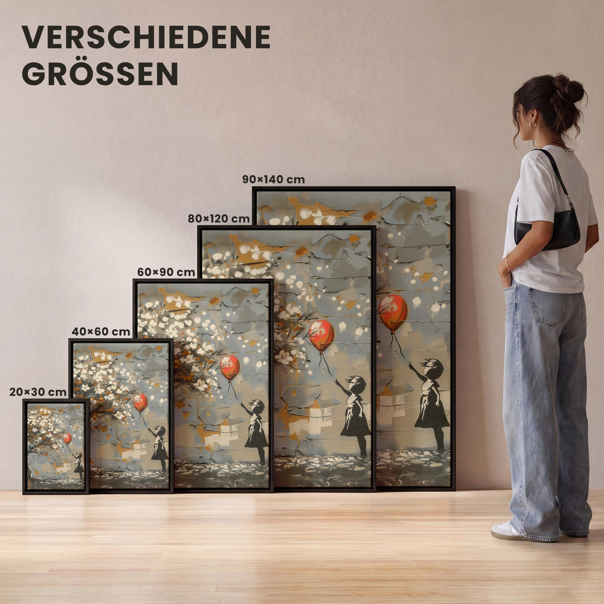 LEINWAND Bilder mit Rahmen - Baum - Graffiti - Banksy-Stil - Ballon-Mädchen - 20x30 - Blaugrau, Textil (20/30cm) - MuchoWow