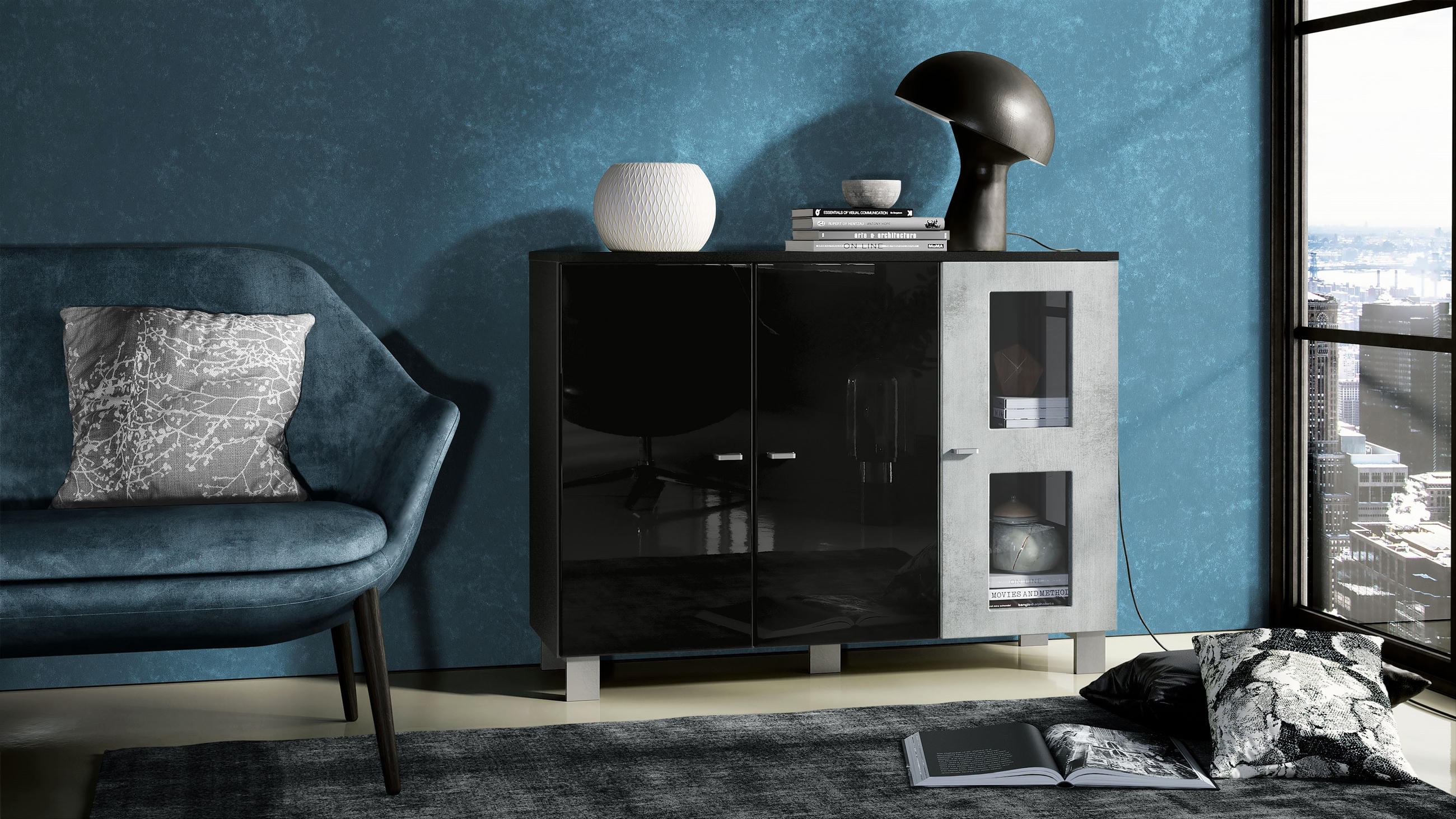 SIDEBOARD Denjo Tür in Beton Oxid Optik - Hellgrau, Holzwerkstoff (107/81/35cm) - Vladon