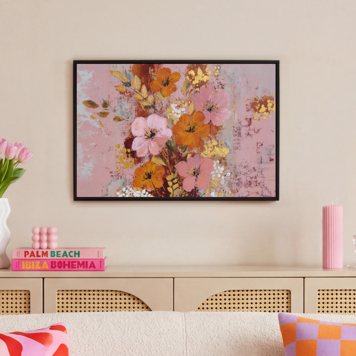 LEINWAND Bilder mit Rahmen - Malerei - Blumen - Rustikal - Rosa - 60x40 - Altrosa, Textil (60/40cm) - MuchoWow
