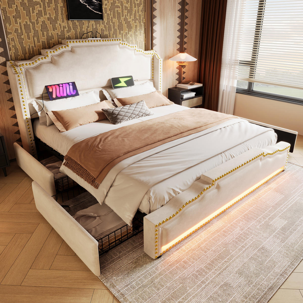 POLSTERBETT 160/200 cm Beige aus Samt mit LED-Beleuchtung - Beige, Leder (160/200cm) - OKMYHOME